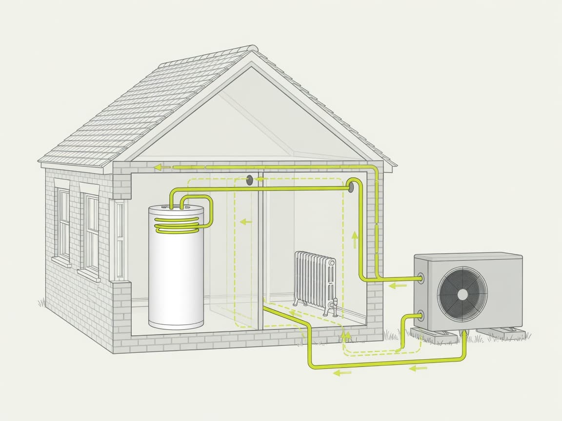 Diagram showing an outdoor air source heat pump connected by green pipework to an indoor hot water cylinder and radiators