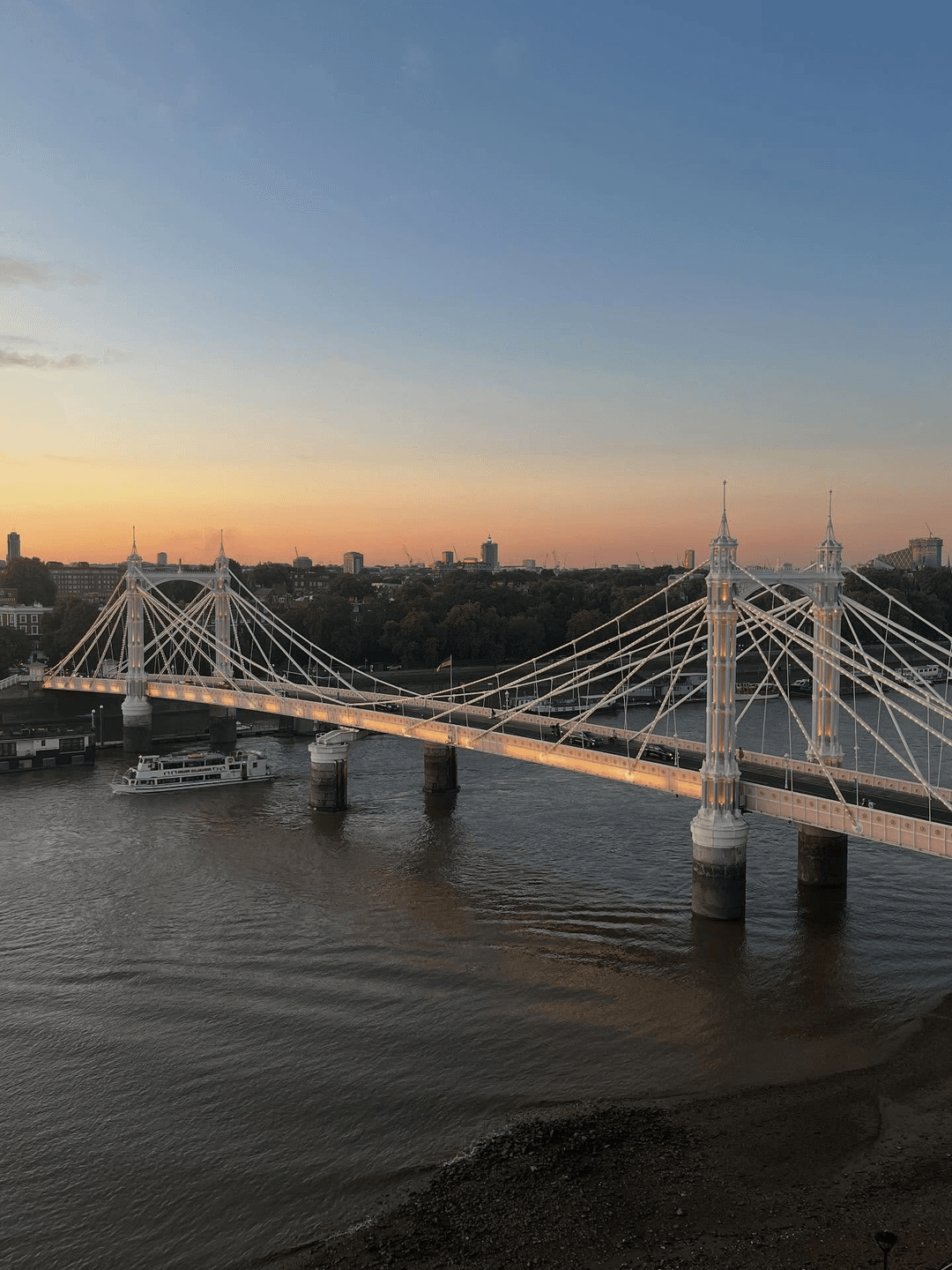 Albert Bridge lit golden at dusk spanning the Thames with a river boat passing underneath