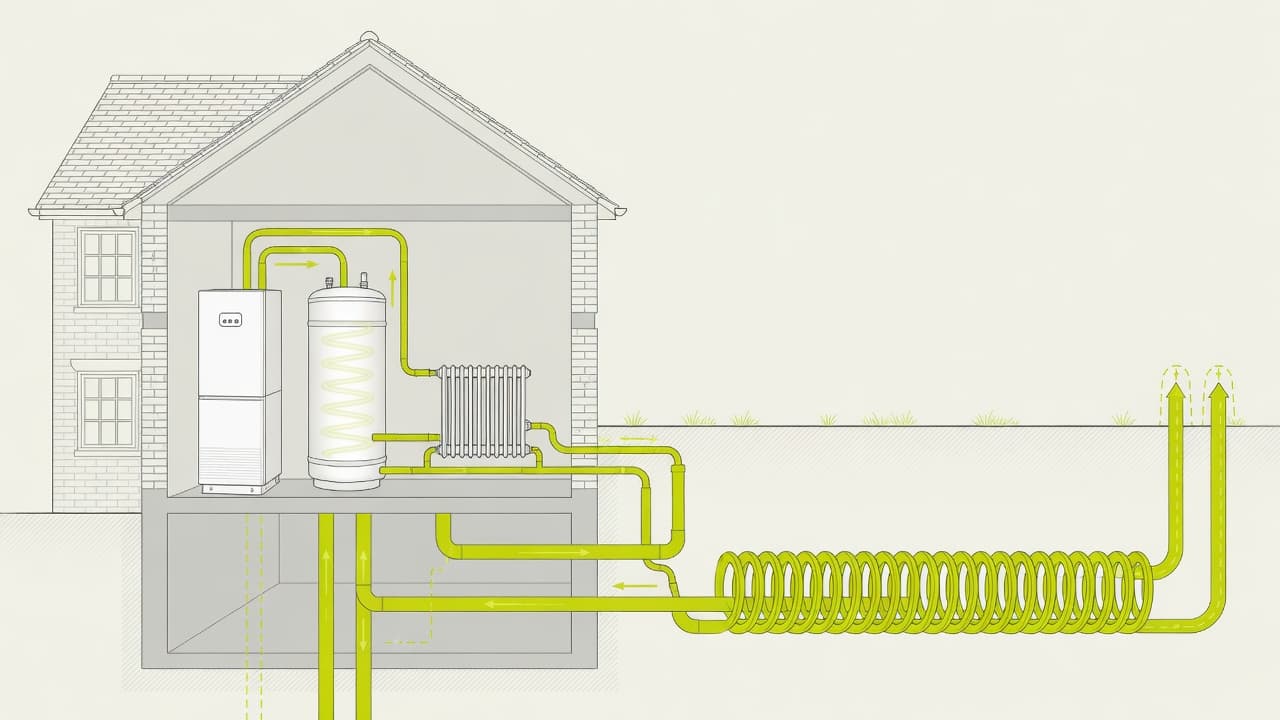 Diagram showing an indoor ground source heat pump connected to a hot water cylinder, radiators, and horizontal ground-loop pipework buried in the garden
