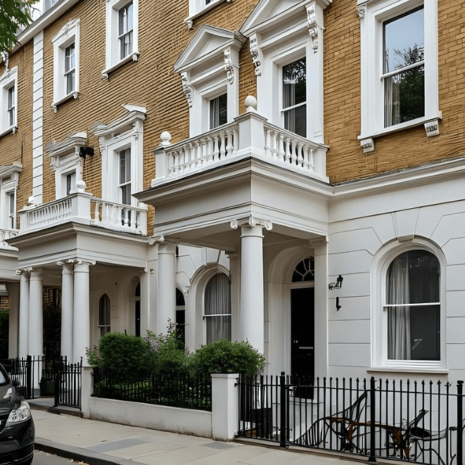Kensington yellow brick Victorian townhouse with white rendered portico columns and arched ground floor windows
