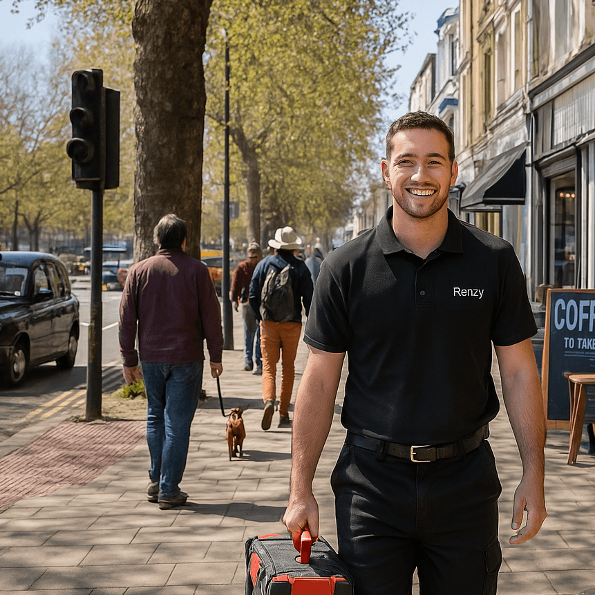 Smiling Renzy plumber with toolbox walking along a sunny tree-lined high street with shops and pedestrians