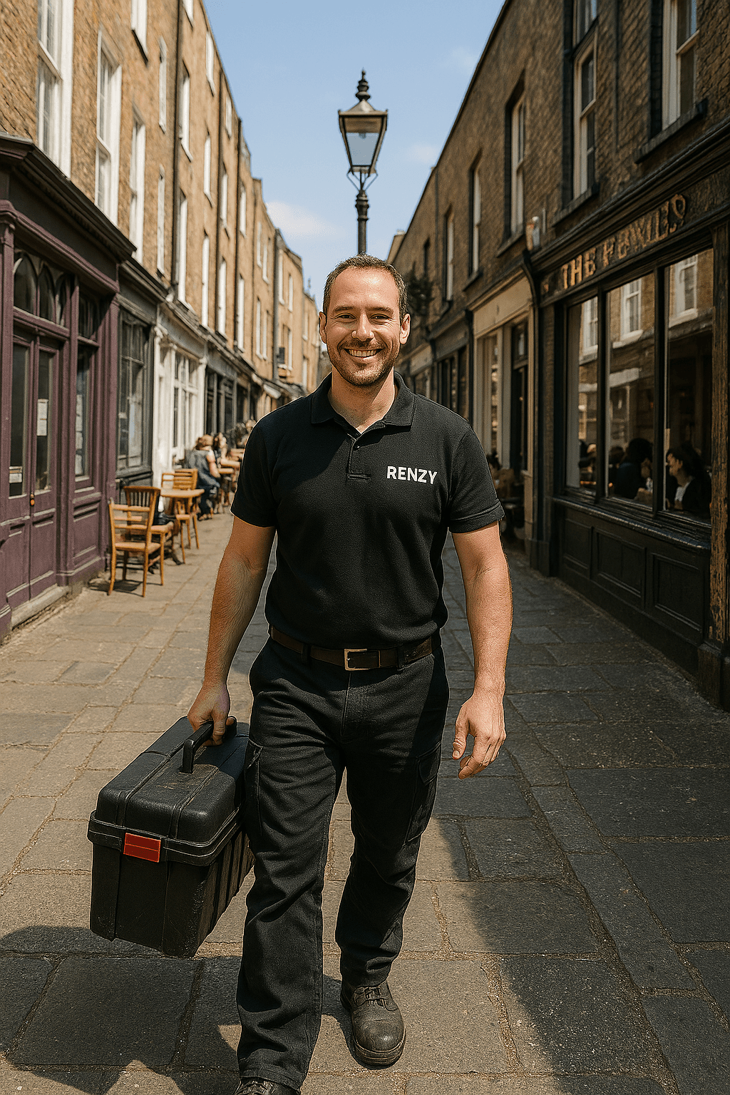Smiling Renzy plumber in black uniform carrying a toolbox along a sunny London cobblestone street