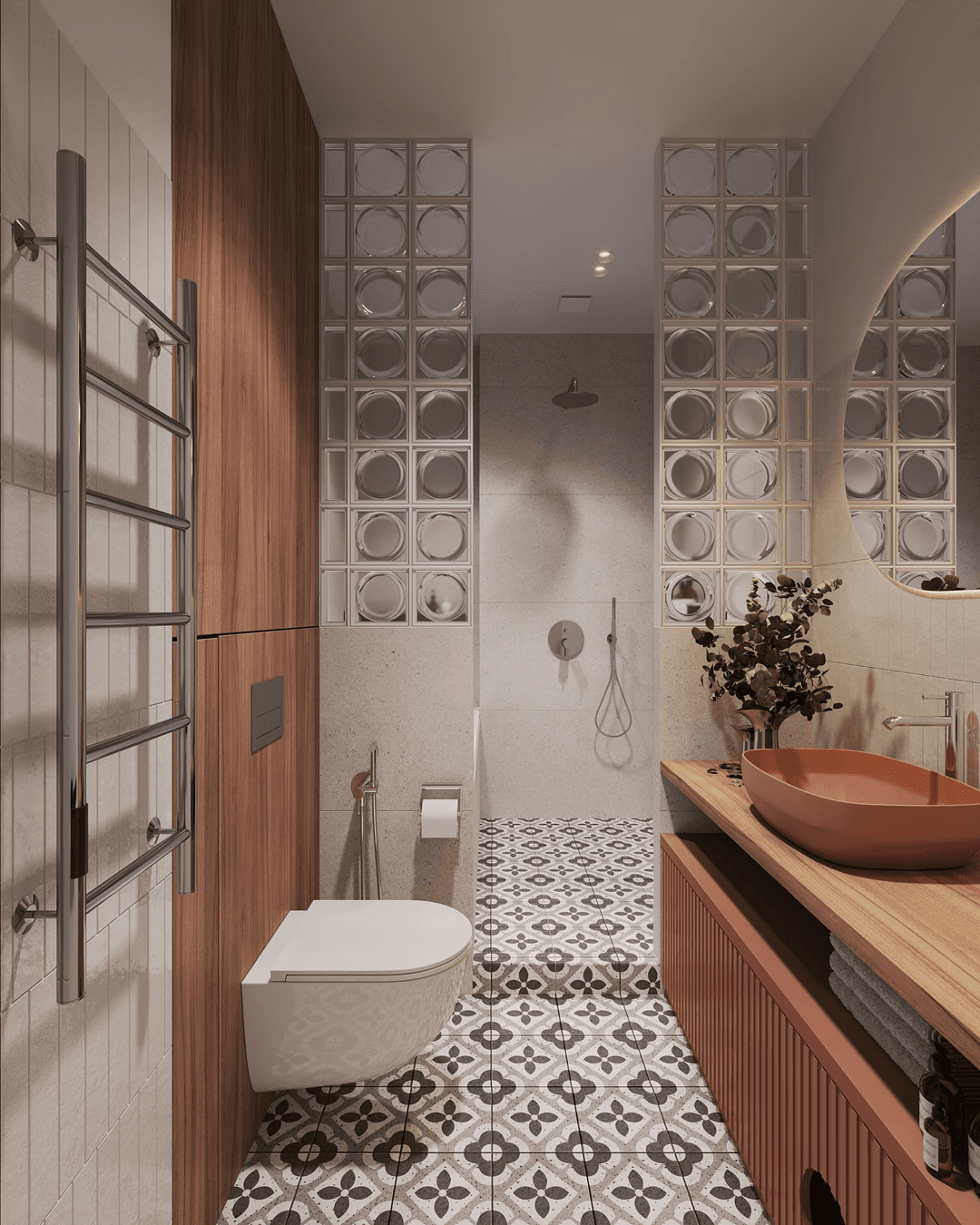 Modern bathroom with patterned monochrome floor tiles, terracotta vessel sink on wooden vanity and glass block partition walls
