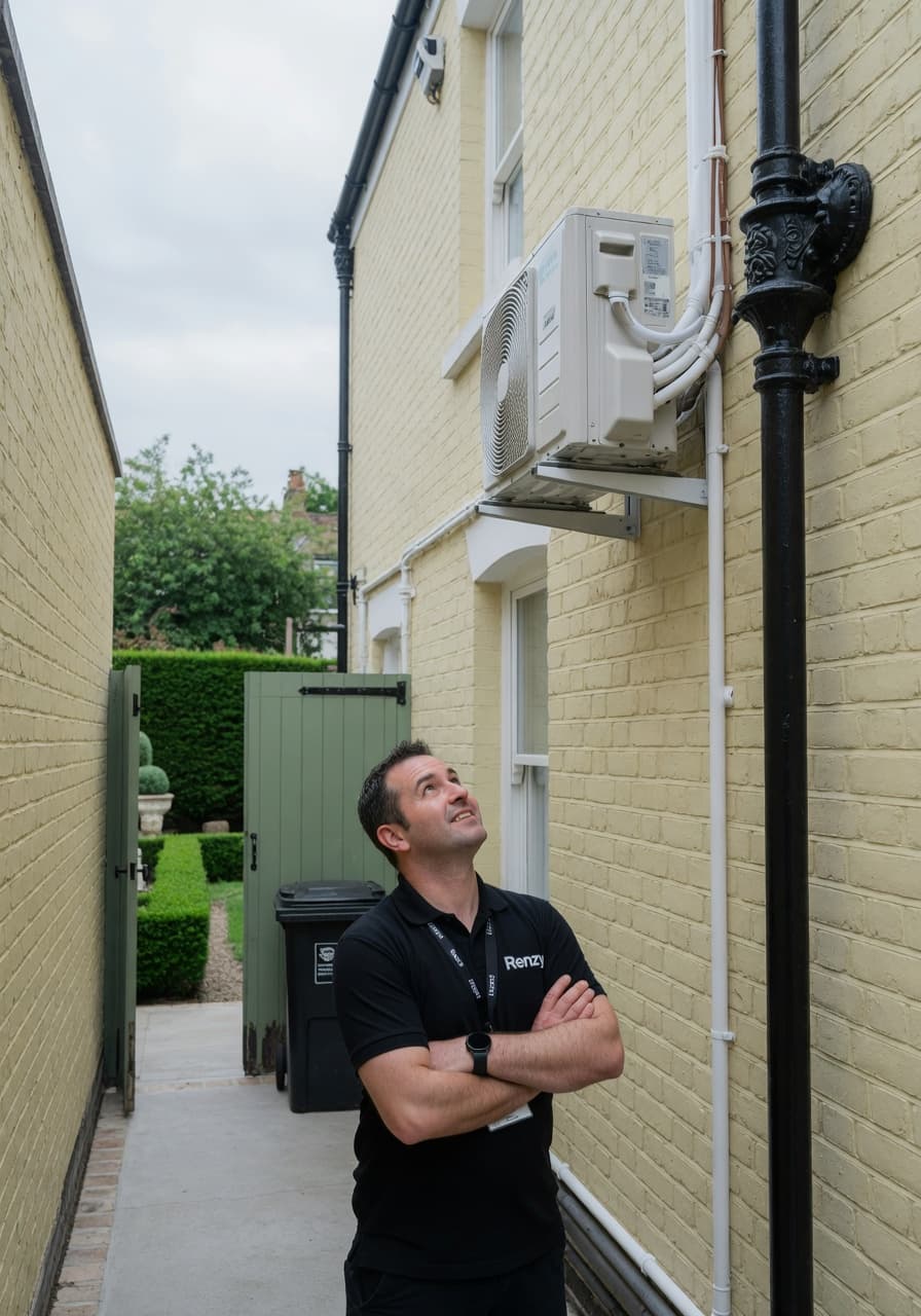 Engineer installing a wall-mounted split air conditioning unit in a London home