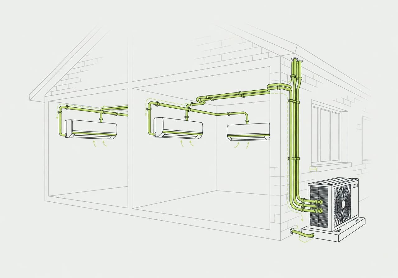 Diagram showing multiple indoor air conditioning units connected to one outdoor unit
