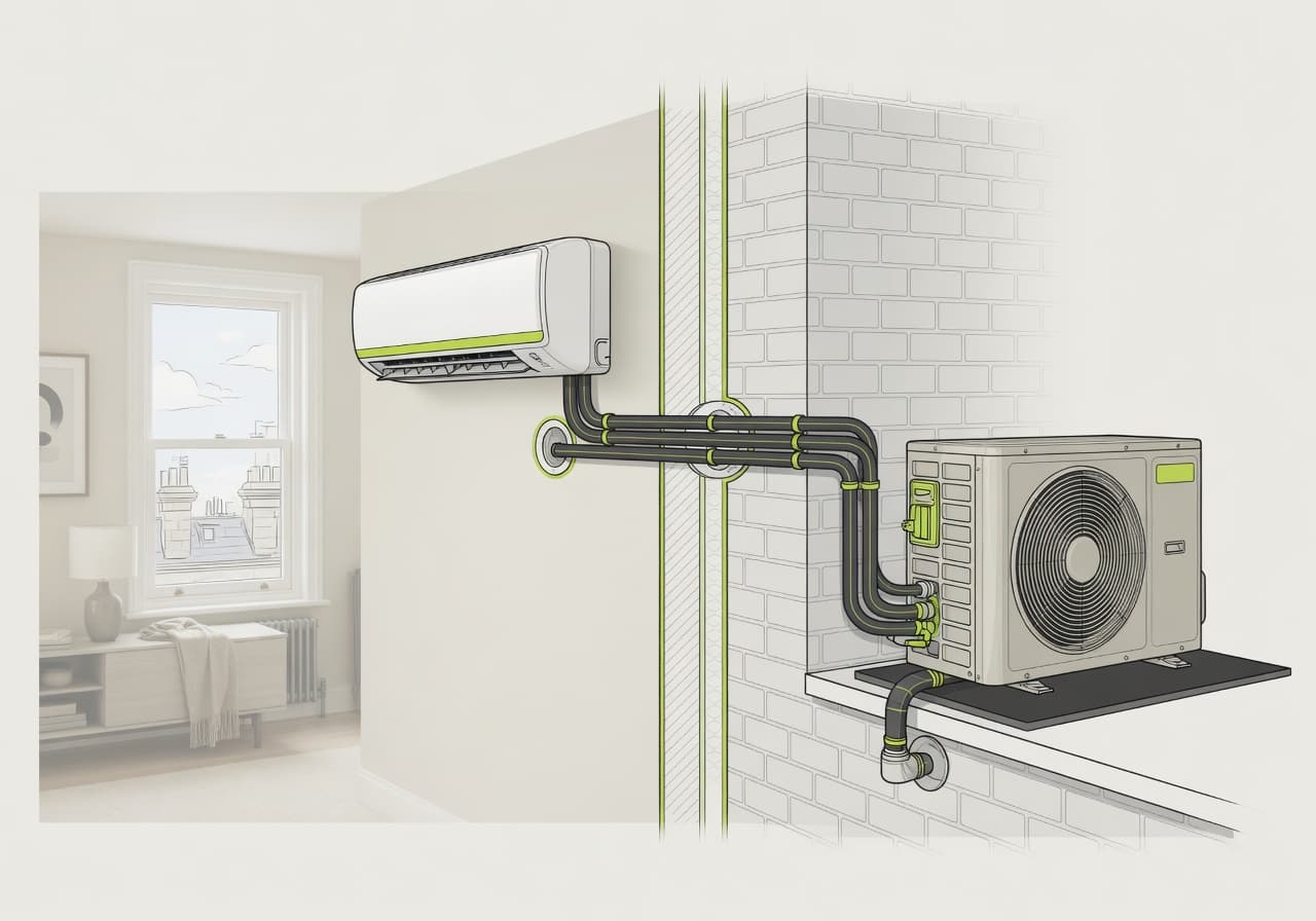 Diagram showing one indoor air conditioning unit connected to one outdoor unit